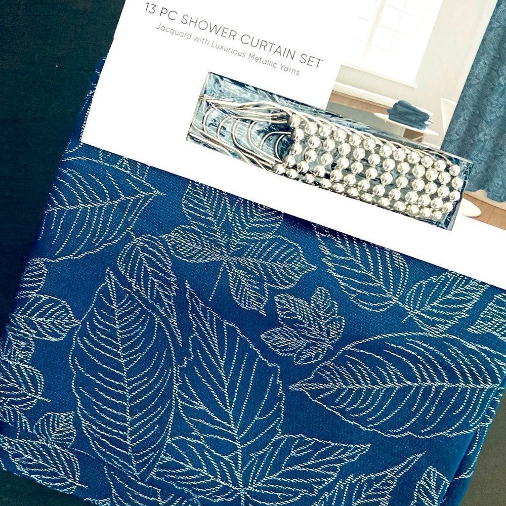 Blue Silver Leaves Heavyweight Complete Fabric Shower Curtain Set